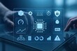 © Media Srock - Hands interacting with a digital interface displaying various system performance indicators, including processing power, security, and progress metrics.