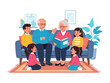 © AJM - Cozy Storytime: Grandparents share a book and engage their grandchildren in a vibrant living room setting.