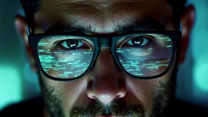 Close up man wearing glasses with computer code reflection. Technology Related Concept.