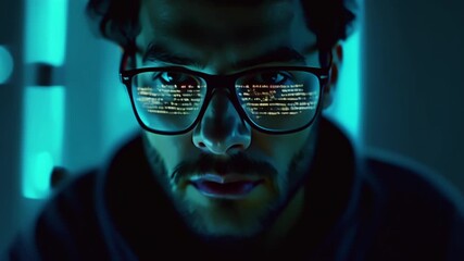 Engineer observing programming process with data visible in glasses. Technology Related Concept.