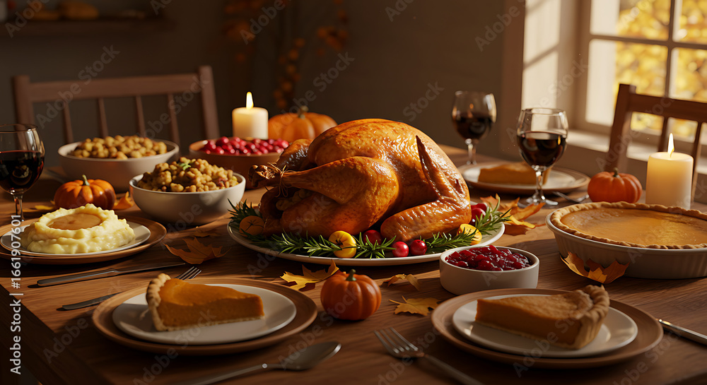 Thanksgiving dinner table with golden roasted turkey, stuffing, pumpkin ...