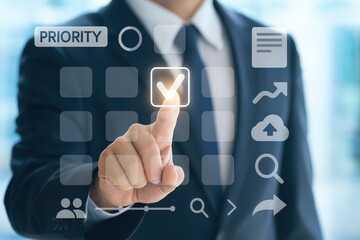 A hand interacts with a transparent interface displaying various digital icons, highlighting the concept of modern digital task management.