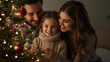 © LVS Studio - Happy Family Decorating Christmas Tree Together at Home with Warm Lights and Ornaments