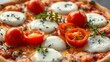 © Shi - A close-up of vegetarian pizza with cherry tomatoes, melted mozzarella, and fresh oregano garnish.