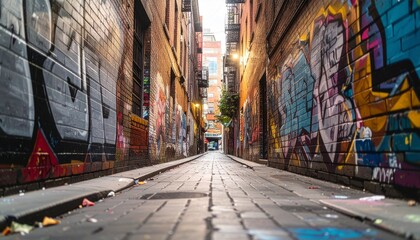 Naklejka na meble High-quality, professional marketing-style photograph of a narrow urban alley with graffiti and textures, shot with a 50mm lens, eye-level angle, minimalist composition with clear focal point, soft am