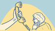 © Amirdogar - Illustration of a hand holding a vintage telephone receiver near a woman with short hair and glasses
