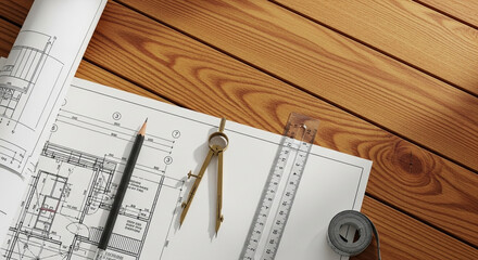 Professional architect's workspace with project blueprints and drawing instruments on a wooden table background