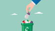 © LEAKAT - throw away old business ideas, Businessman's hand throws broken light bulb idea into trash can concept vector illustration with flat design style