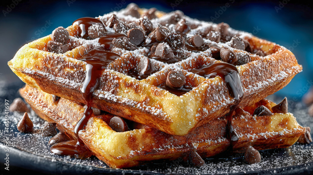 Delicious stack of freshly made chocolate waffles topped with chocolate ...
