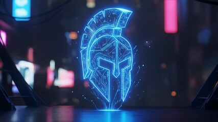 Wall Mural - futuristic neon blue spartan helmet hologram display in cyberpunk environment with dynamic glowing.