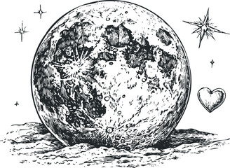 Wall Mural - Stylized sketch of the moon with celestial bodies and a heart