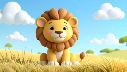 Cute 3D Cartoon Lion Sitting in a Grassy Field with Clouds and a Clear Blue Sky