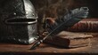 © Atstsaniyah - A weathered medieval helmet rests beside aged books and a quill pen on a dark wooden surface, evoking themes of history and chivalry