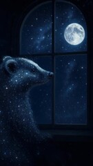Wall Mural - a cosmic bear gazes at the full moon through a window. captured from a side angle, this surreal scen