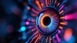 © Graphixa - A close up abstract digital eye with vibrant neon blue and orange light trails emanating from its iris symbolizing futuristic technology and artificial intelligence