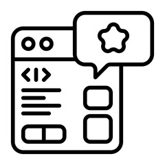 this icon represents a web page or code editor with a star rating feedback bubble. ideal for showcas