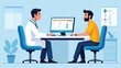 © Nurtaz - Doctor and patient discussing medical records on a computer during a consultation in a clinic. Healthcare services vector illustration.