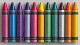 Twelve crayons arranged in a row on a white background.