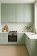 © Kirill - Bright modern kitchen interior with light green cabinets white countertop oven sink and natural decor