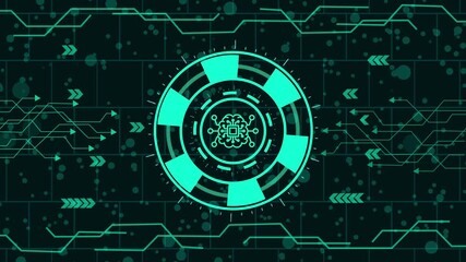 Wall Mural - Futuristic glowing green artificial intelligence brain inside a circle on a dark background with circuit board lines and dots, representing advanced technology