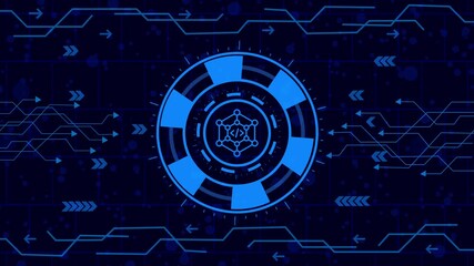 Futuristic technology background with glowing blue digital code icon, perfect for illustrating software development, programming, or data science concepts