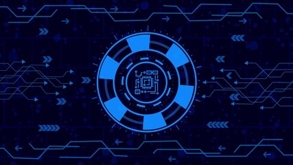 Wall Mural - Modern technology background with glowing hud elements, circuit board pattern, and digital network connections for hitech innovation and data transfer