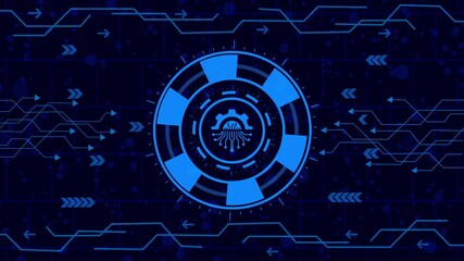 Wall Mural - Advanced technology background featuring a glowing gear icon, symbolizing automation, engineering, and the intricate workings of a digital machine in a futuristic world