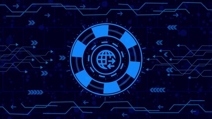 Wall Mural - Futuristic technology background with a glowing globe icon, representing global connectivity, data transfer, and international communication in a digital world