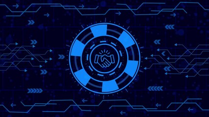 Wall Mural - A futuristic blue interface showcasing a handshake icon in the center, surrounded by digital elements and circuit patterns, symbolizing partnership and agreement