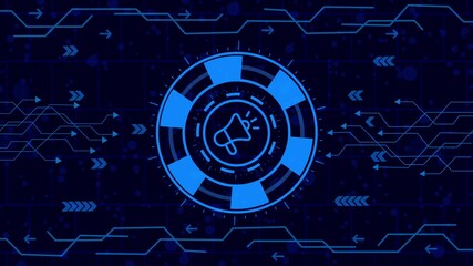 Wall Mural - Advertisement concept,A futuristic blue interface featuring a megaphone icon in the center, surrounded by digital elements and circuit patterns, representing marketing and communication