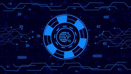 Wall Mural - Futuristic technology background with digital world map, circuit board, and arrow icons, creating a modern and hightech visual for various applications