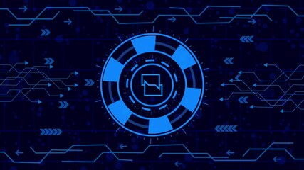 text message icon  animation.Futuristic technology background with a glowing blue chat bubble icon in a circular design, surrounded by abstract circuit patterns and directional arrows