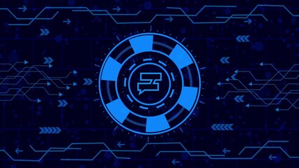 Wall Mural - text message icon  animation.Futuristic technology background with a glowing blue chat bubble icon in a circular design, surrounded by abstract circuit patterns and directional arrows