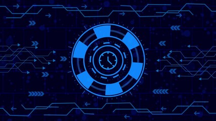 Wall Mural - Futuristic technology background with clock icon, digital interface, circuit board pattern, and glowing blue elements for modern designs and presentations