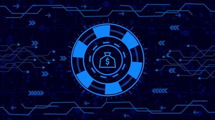 Wall Mural - Modern technology background featuring a money bag in the center, surrounded by circuit lines and arrows, creating a hightech and modern visual experience