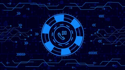 Wall Mural - Sophisticated interface concept featuring a central circular element with a phone icon, surrounded by digital arrows and circuit patterns on a dark blue background