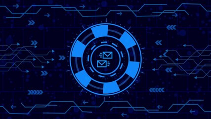 Wall Mural - Futuristic interface with email icons in center, surrounded by digital network lines and arrows, creating a modern and technological visual representation