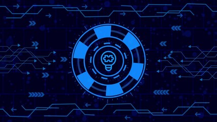 Wall Mural - creativity icon or bulb icon  animation,Futuristic technology interface with glowing circuit board and hud elements, representing advanced computing and digital communication networks for modern innov