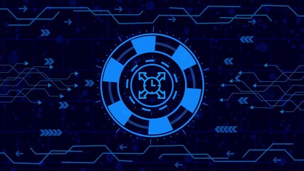 Wall Mural - time reminder ,clock icon  animation, Futuristic technology interface with glowing circuit board and hud elements, representing advanced computing and digital communication networks for modern innovat