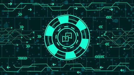Wall Mural - Futuristic interface concept with glowing hud elements, abstract technology background with circuit board pattern and digital icons, vector illustration for modern design