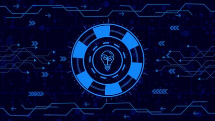 Wall Mural - Futuristic technology background with a glowing light bulb icon in the center, surrounded by circuit board patterns and digital arrows, symbolizing innovation