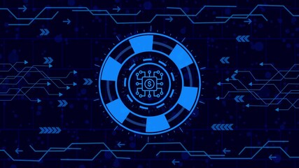 Wall Mural - Modern technology background featuring a glowing circuit board pattern and digital arrows, with a central icon representing a complex system, conveying connectivity