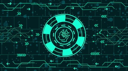 Wall Mural - creative concept,Futuristic hud interface with a head inside a circle, symbolizing artificial intelligence and machine learning on a dark blue background with circuit board lines
