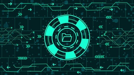 Wall Mural - Futuristic technology background with a glowing folder icon in the center, surrounded by circuit board patterns and digital arrows, creating a modern tech interface