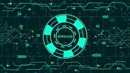 Futuristic technology interface with download icon and digital network background for modern communication and data transfer, abstract design element for cyber space and innovation	