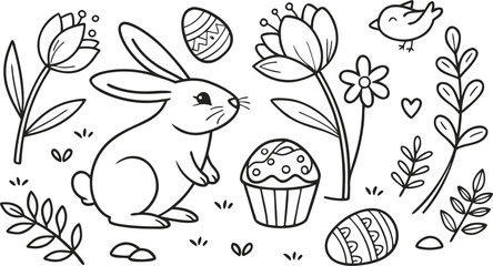 A beautifully crafted set of Easter-themed vector icons, drawn in a simple, hand-drawn black line style,  hand-drawn vector icons with an Easter theme, created in a clean black line art on a white 