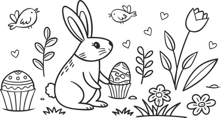 A beautifully crafted set of Easter-themed vector icons, drawn in a simple, hand-drawn black line style,  hand-drawn vector icons with an Easter theme, created in a clean black line art on a white 