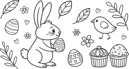 A beautifully crafted set of Easter-themed vector icons, drawn in a simple, hand-drawn black line style,  hand-drawn vector icons with an Easter theme, created in a clean black line art on a white 