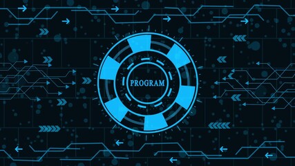 digital computer program and software development animation, futuristic program execution and system process interface, high-tech algorithm and command sequence visualization hud