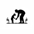 © KamrulHasan - Farmer teaching child to plant seedling, bending together silhouette on white background
